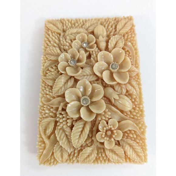 Floral Rectangle Early molded Plastic  Vintage Belt Buckle Rhinestone flowers - Picture 3 of 11